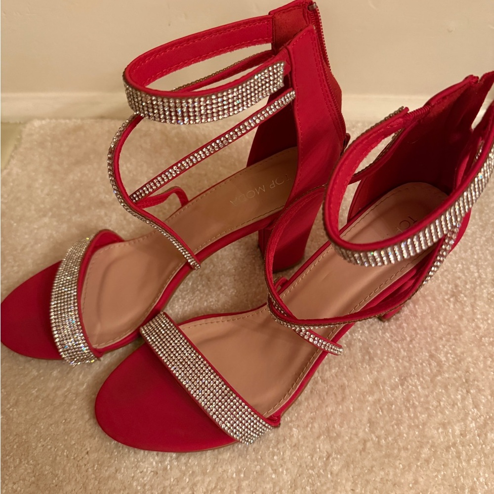 TOP Moda Red Rhinestone Strappy Heels
